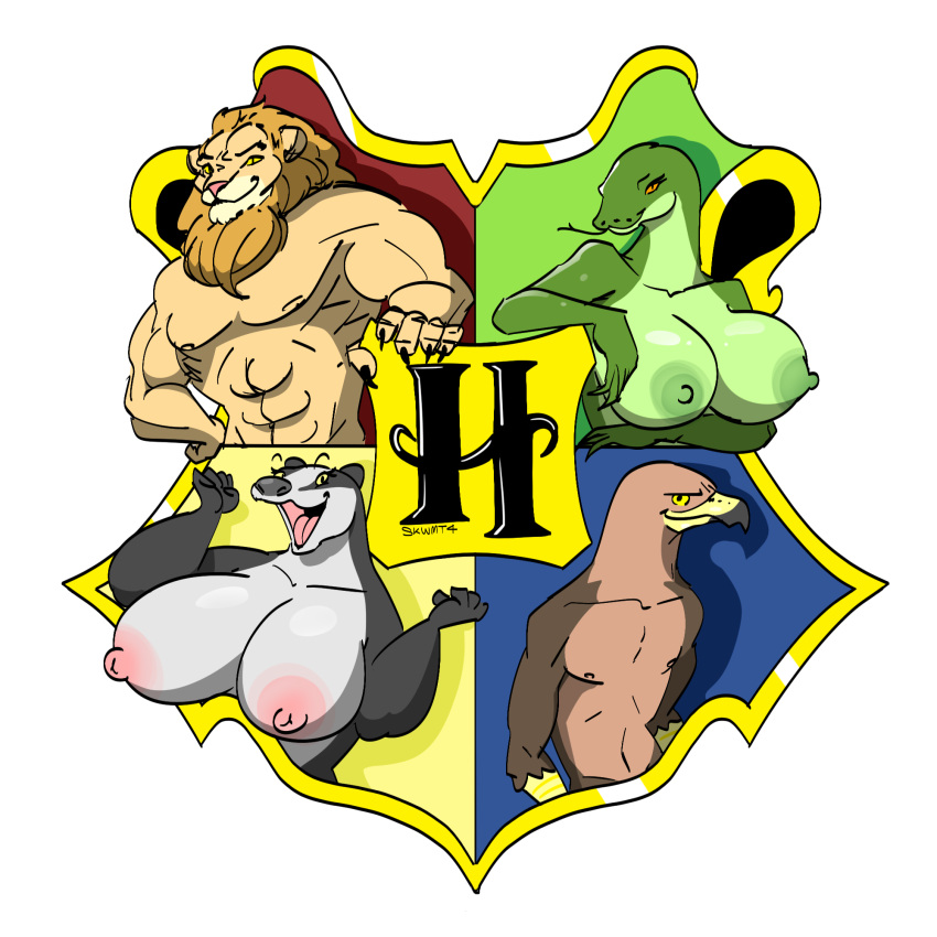 accipitrid accipitriform anthro avian badger big_breasts bird breasts crest_(heraldry) eagle felid female group gryffindor hi_res hogwarts houses hufflepuff lion looking_at_viewer male mammal muscular mustelid musteline pantherine ravenclaw reptile scalie skwmt4 slytherin snake symbol