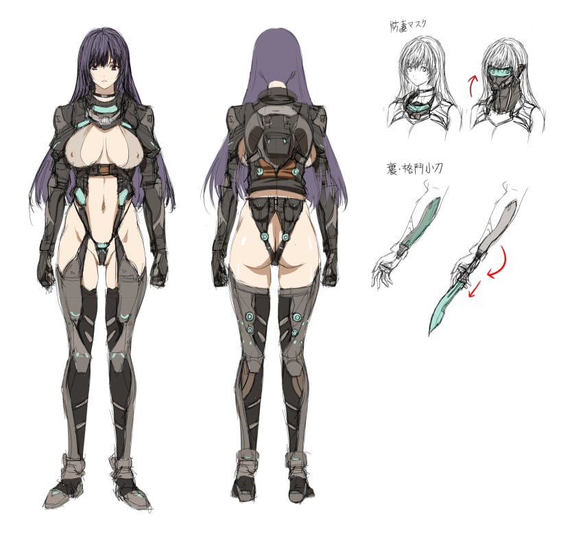 artist_request ass breasts cleavage combat_suit female high_resolution long_hair looking_at_viewer mask no_bra no_panties purple_hair q_azieru revealing_clothes shaved_pussy simple_background solo sword thighhighs translation_request visor weapon white_background