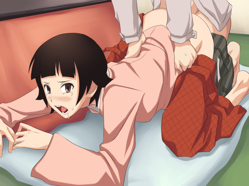 all_fours anal arched_back blush brown_eyes brown_hair feet maku_(l-u) mat open_mouth pants_down rape saliva sayonara_zetsubou_sensei schoolgirl screaming sex short_hair tear teeth tongue torso_grab tsunetsuki_matoi vaginal_penetration