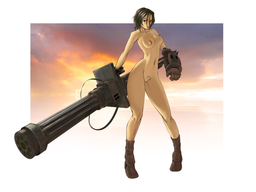 black_eyes black_hair boots breasts cybernetic_glove female gatling_gun gun irving-zero mechanical_arm minigun navel nipples nude original pussy short_hair solo tattoo uncensored weapon