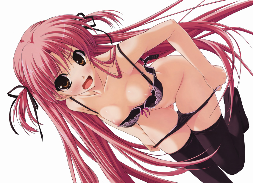 amatsu_misora_ni! blush bra breasts cover dvd_cover highres kiyosumi_serika lingerie nipples pink_hair puffy_nipples shintarou simple_background thigh_gap thighhighs two_side_up underwear undressing