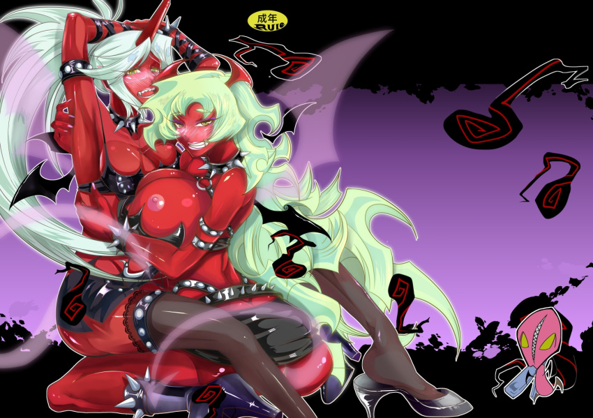 2demons blush breasts demon_girl demon_tail demon_wings fastener_(psg) glasses horn horns kneesocks_daemon large_breasts nipple nipples panty_&_stocking_with_garterbelt red_skin scanty_daemon smile tail