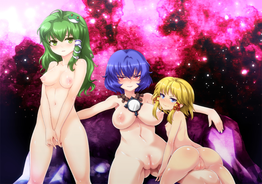 3girls ass blonde_hair blue_hair blush breasts censored frog green_eyes green_hair hair_ornament kanako_yasaka kuroino long_hair multiple_girls nipples nude pussy red_eyes sanae_kochiya short_hair snake suwako_moriya touhou