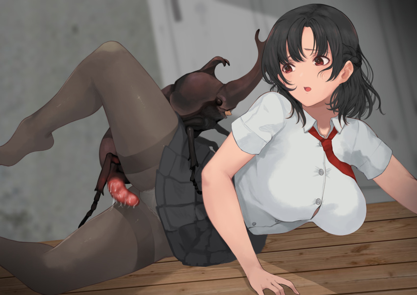 :o absurdres arm_support beetle black_hair breasts bug censored female giant_insect highres imminent_penetration insect large_breasts lying mosaic_censoring necktie on_side open_mouth original panties pantyhose penis pleated_skirt red_eyes red_necktie ryu_insect school_uniform shirt skirt underwear white_panties white_shirt zoophilia