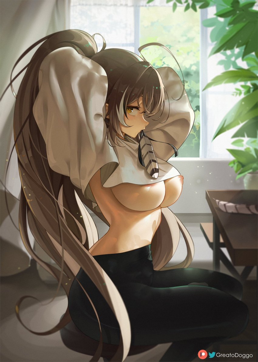 ahoge areolae artist_name breasts brown_eyes brown_hair crop_top crop_top_sweater detailed_background feather_in_mouth feathers greatodoggo hololive hololive_english hololive_english_-council- hololive_english_-promise- jogging_pants large_breasts looking_at_viewer loose_sweater midriff nanashi_mumei nipple_slip plant ponytail pov side_eye side_view sweater tights tying_hair underboob virtual_youtuber