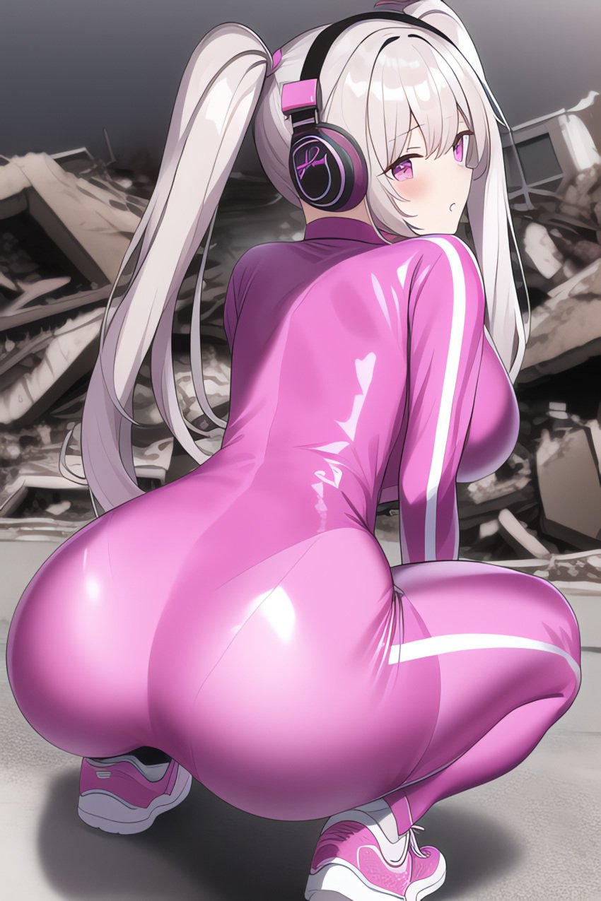 1girls ai_generated alice_(nikke) ass back_view bodysuit bubble_ass clothing curvy female female_only goddess_of_victory:_nikke headphones nai_diffusion pink_bodysuit silver_hair skin_tight sneakers squatting stable_diffusion tight_fit twintails wide_hips