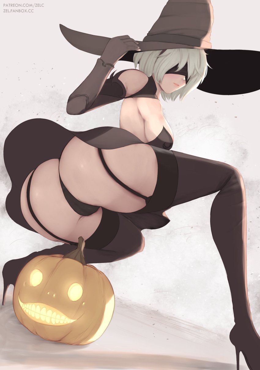 1girls armwear ass big_ass black_gloves black_panties black_skirt blindfold bottomwear breasts dat_ass emil_(nier) eyewear female female_only garter_straps gloves hair halloween hat headwear heels high_heels huge_ass jack-o'-lantern lips mole mole_under_mouth nier nier:_automata nier_(series) panties pumpkin skirt solo solo_female thick_thighs thigh_boots thighs white_hair witch witch_costume witch_hat yorha_2b zelc-face