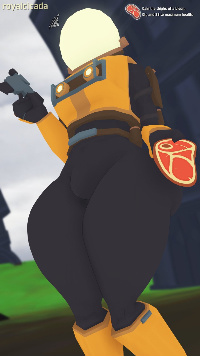 3d 3d_(artwork) annoyed annoyed_expression armor armored_boots ass belt belt_buckle big_ass boots bubble_butt bulge bulge_through_clothing commando_(risk_of_rain) fat_ass feet_out_of_frame femboy girly gun helmet huge_ass huge_thighs item item_description knees legs legs_together looking_down male male_only outside risk_of_rain risk_of_rain_2 royalcicada sfm source_filmmaker standing steak text thick_ass thick_thighs thigh_focus thighs tight_clothing tights