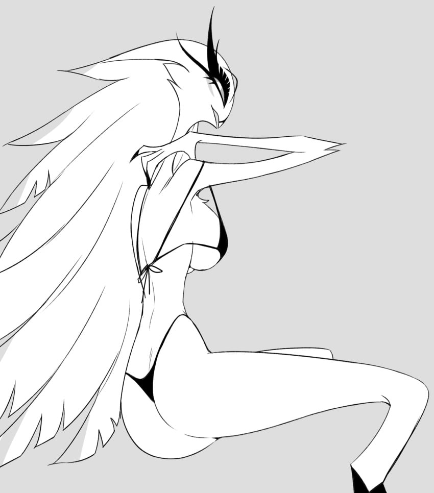 anthro ass avian bikini bird breasts clothing demon eyelashes female fur grey_background hair helluva_boss helluva_venti hi_res long_eyelashes long_hair looking_back owl owl_demon simple_background sitting solo stella_(helluva_boss) swimwear white_body white_fur