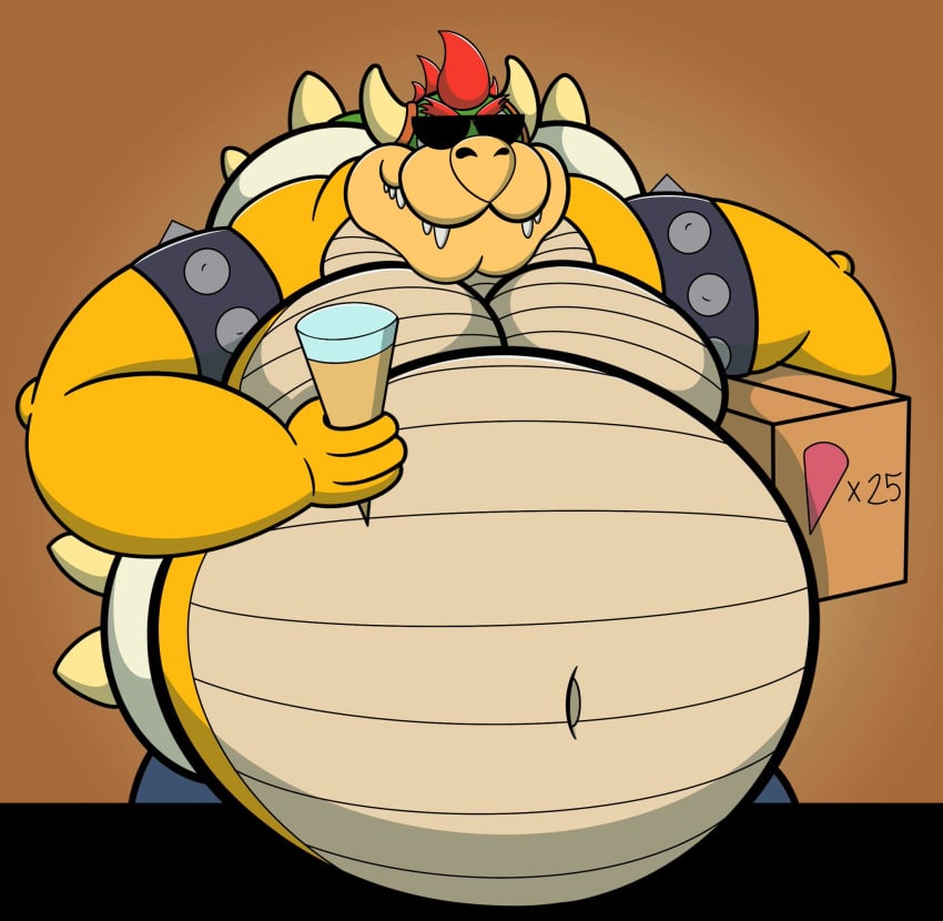 1boy 2021 anthro big_belly bowser box daddy dilf ice_cream ice_cream_cone koopa male male_focus male_only mario_(series) mature_male moobs navel nintendo overweight overweight_male red_hair sewergator solo standing sunglasses tagme topless