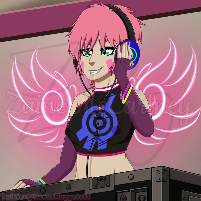 aelita_schaeffer bare_shoulders bracelets code_lyoko dj elbow_gloves face_markings female_only fingerless_gloves glow_bracelet green_eyes headphones midriff nipples_visible_through_clothing pink_hair rave roxasnuggets13 smile solo zaine_mccartney