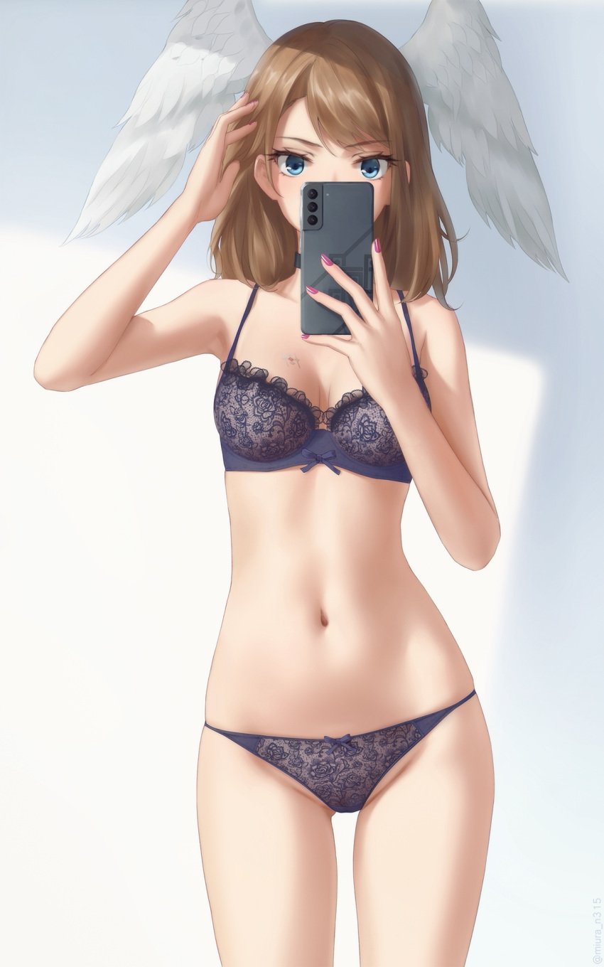 1girls bangs bare_shoulders bikini black_bra black_panties blue_eyes bra breast_tattoo breasts brown_hair cleavage colored_nails eunie_(xenoblade) female female_only hand_in_hair highres lingerie medium_breasts medium_hair midriff miura-n315 navel nintendo panties phone selfie slim thighs wings xenoblade_(series) xenoblade_chronicles_3