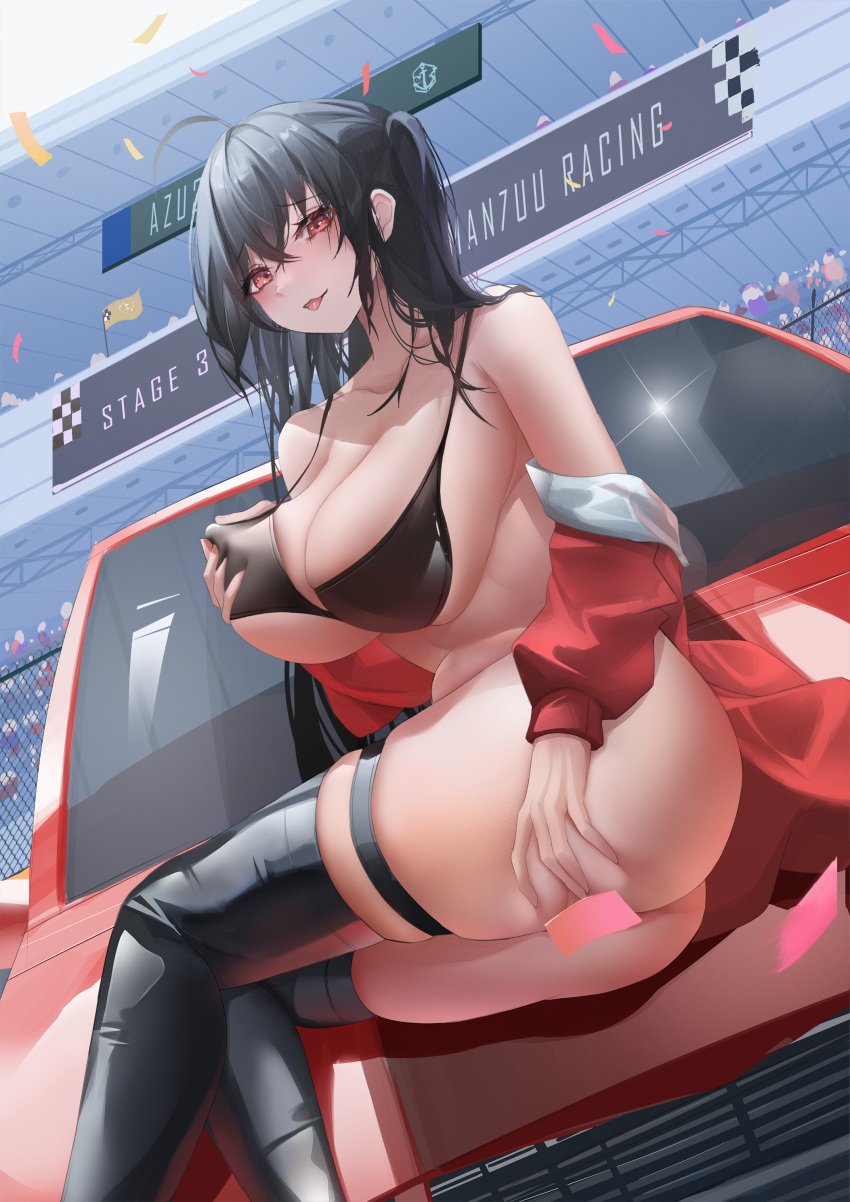 1girls absurd_res absurdres ass azur_lane bangs bare_shoulders big_breasts bikini black_bikini black_hair blush blushing_at_viewer breasts car confetti convenient_censoring dat_ass female female_focus female_only ground_vehicle hair_between_eyes hi_res high_resolution highres holding holding_breast huge_ass huge_breasts jacket large_breasts light-skinned_female light_skin long_hair looking_at_viewer motorcycle nipple_tweak only_female open_mouth pussy race_queen red_eyes red_jacket shiny shiny_hair sitting sitting_on_car solo solo_female solo_focus spread_pussy swimsuit taihou_(azur_lane) taihou_(enraptured_companion)_(azur_lane) thick thick_ass thick_thighs thighhighs tongue tongue_out turbulence