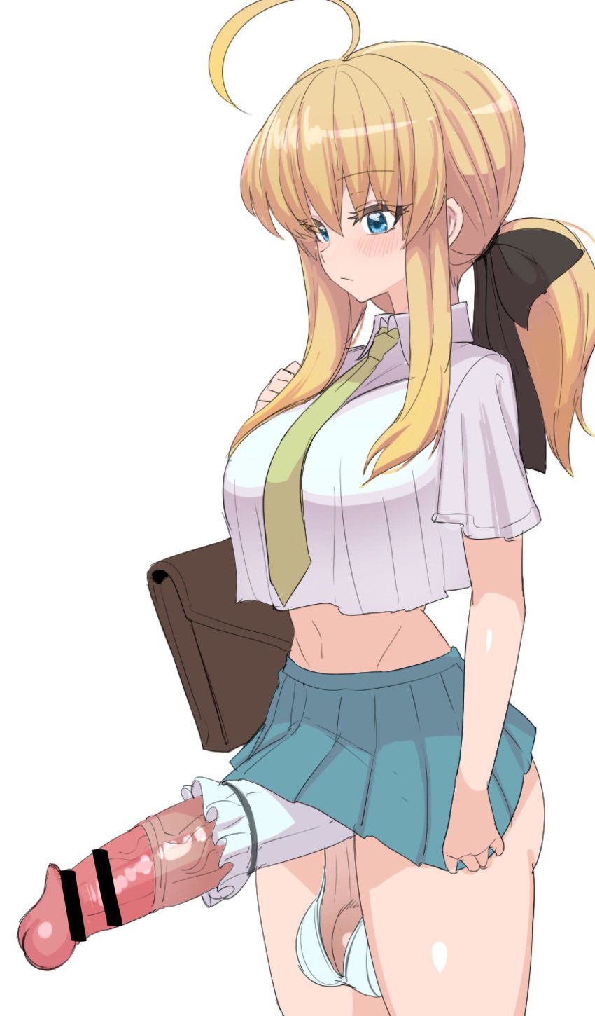 1futa ball_bra big_balls big_breasts big_penis blacktan blonde_hair blue_eyes blue_skirt blush censored erection futa_only futanari huge_cock hyper_penis midriff midriff_baring_shirt ribbon shirt simple_background solo solo_futa white_background