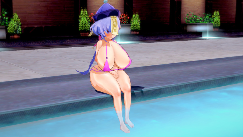 1girls big_breasts bikini breasts busty cleavage female female_only full_cleavage genshin_impact hatsu_3d huge_breasts koikatsu large_breasts qiqi_(genshin_impact) swimming_pool swimsuit thick_thighs thighs