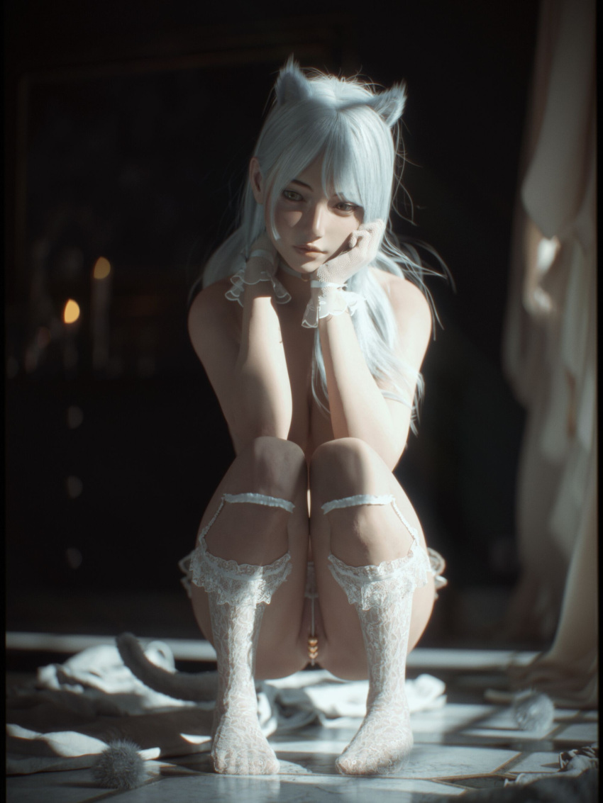 1girls 2022 3d depth_of_field female female_only front_view gray_hair grey_hair indoors lingerie looking_at_viewer pale-skinned_female pale_skin shoelac3 solo solo_female tagme topless white_hair