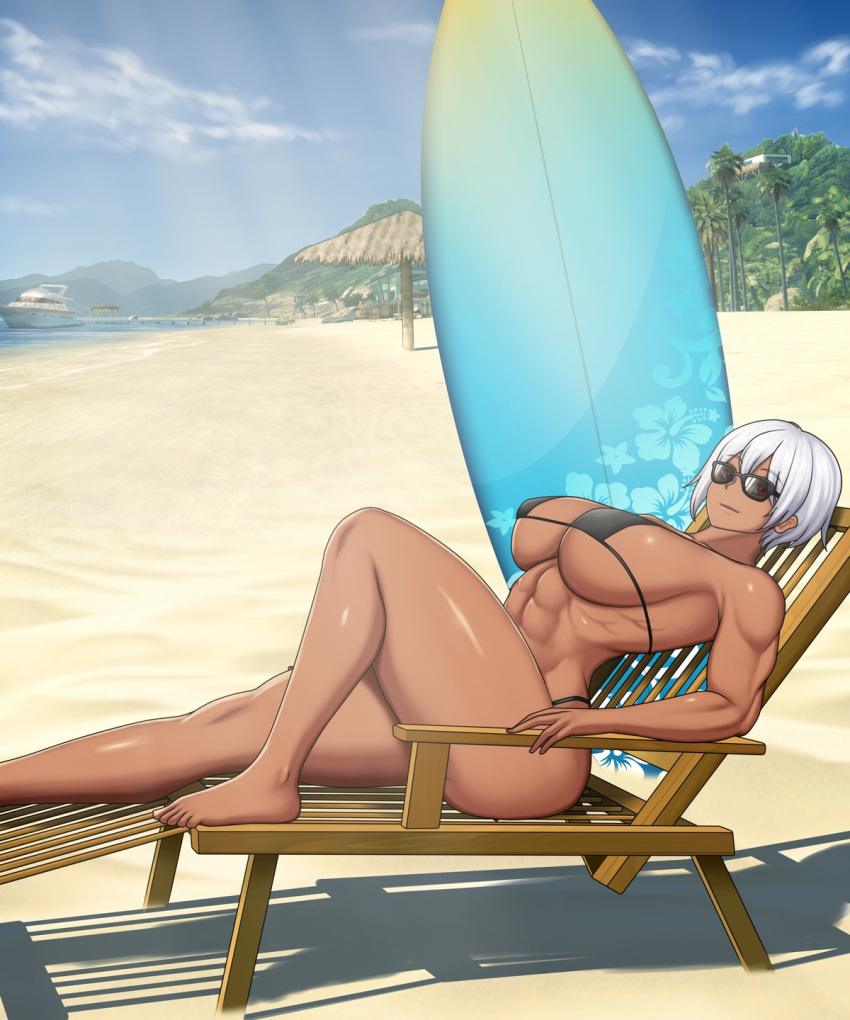 1girls beach boat bra brown_skin dark_skin human mk001black muscular muscular_female original original_character sarah_(mk001black) sunglasses suntan surfing_board swim_suit swimsuit tanning tanning_chair tinted_eyewear white_hair