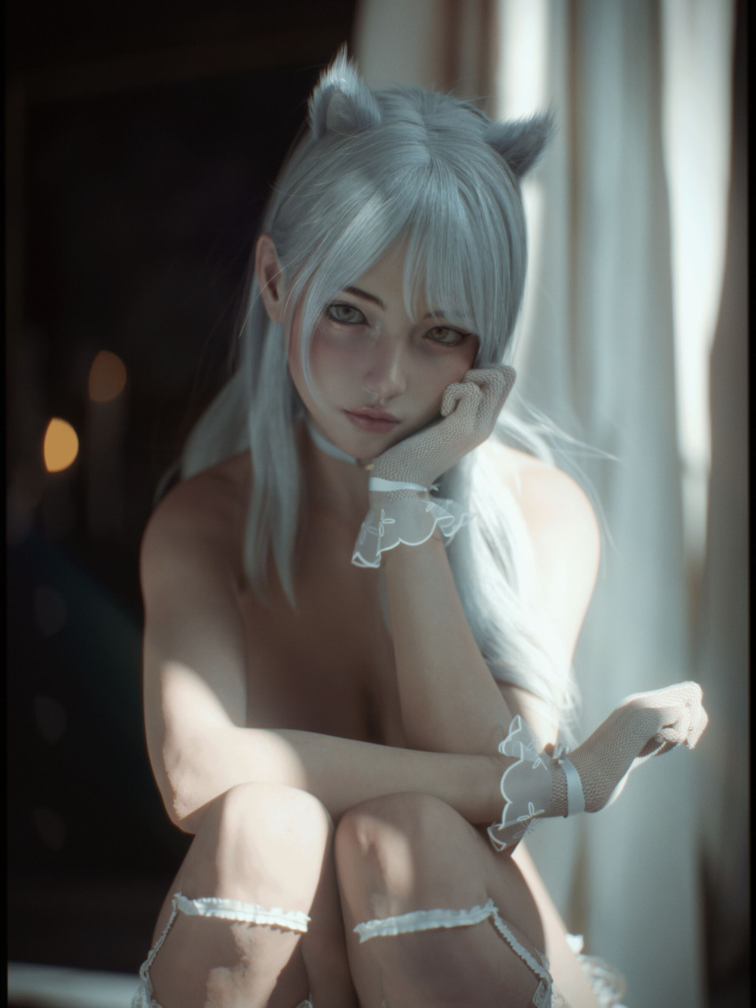 1girls 2022 3d absurd_res animal_ears depth_of_field female female_only front_view gloves gray_hair grey_hair highres indoors lingerie long_hair looking_at_viewer pale-skinned_female pale_skin shoelac3 solo solo_female topless white_hair