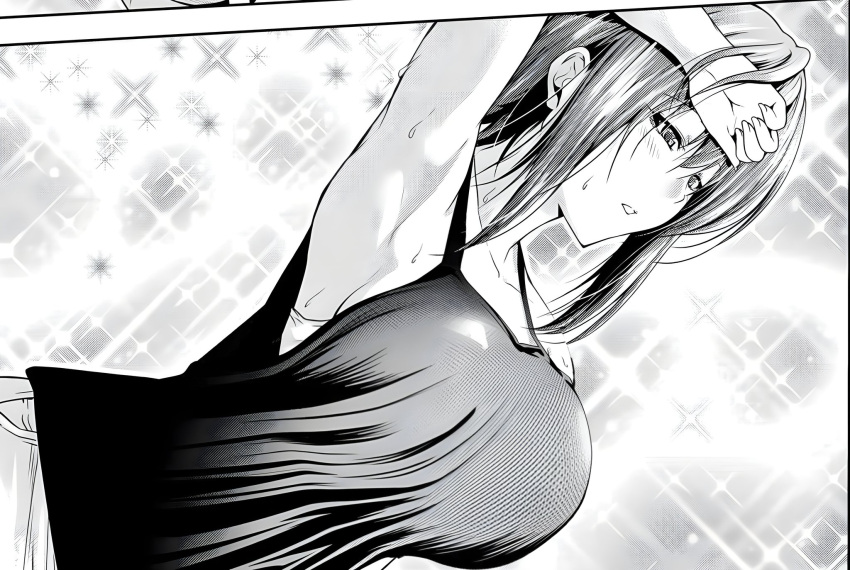 1girls armpits breast_expansion grand_blue huge_breasts kotegawa_chisa monochrome screenshot_edit solo solo_focus sweat tank_top third-party_edit