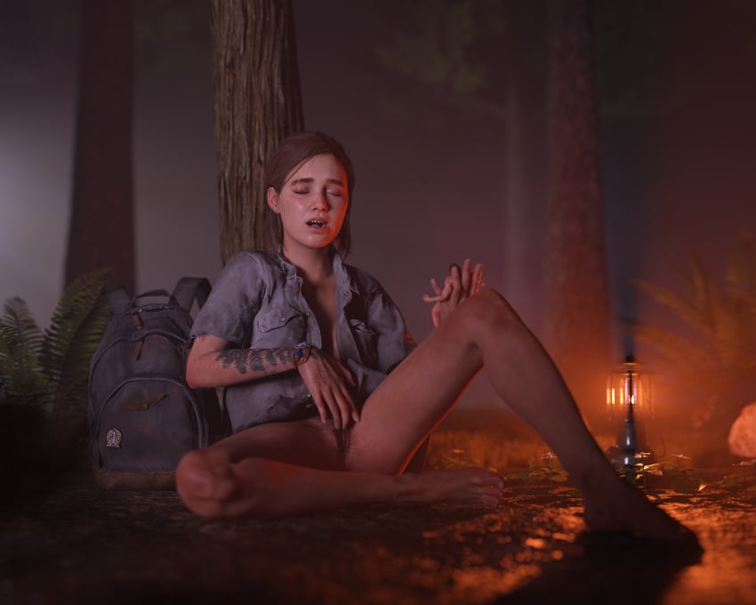 3d abigail_anderson backpack bag campfire casual clothing ellie_(the_last_of_us) ellie_williams female female/female female_only forest forest_background giant_tiny giantess human naughty_dog outdoors pale_skin size_difference the_last_of_us the_last_of_us_2