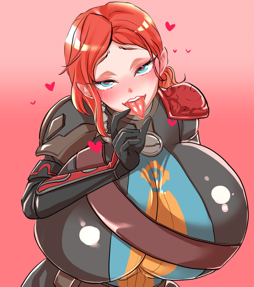 armor belt blue_eyes blush breasts eye_contact fellatio_gesture gauntlets grim_dawn heart heart-shaped_pupils huge_breasts imminent_fellatio imminent_oral kodainosinpi korinia large_breasts leaning_forward looking_at_viewer naughty_face open_mouth ponytail red_hair shoulder_pads standing tied_hair tongue tongue_out