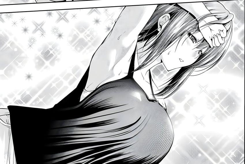 1girls armpits breast_expansion gigantic_breasts grand_blue huge_breasts kotegawa_chisa monochrome screenshot_edit solo solo_focus sweat tank_top third-party_edit