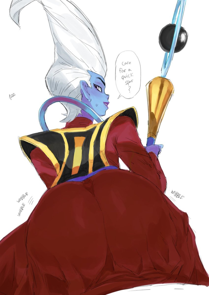 1boy ass astral_seven back_view big_ass big_butt bubble_ass bubble_butt clothed dragon_ball dragon_ball_super dragon_ball_z femboy girly looking_at_viewer looking_back male male_only rear_view solo speech_bubble whis