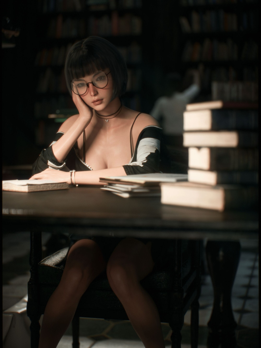 1girls 2022 3d black_hair bob_cut choker clothed clothing depth_of_field desk female female_only glasses indoors looking_at_viewer round_glasses seated shoelac3 sitting solo solo_female