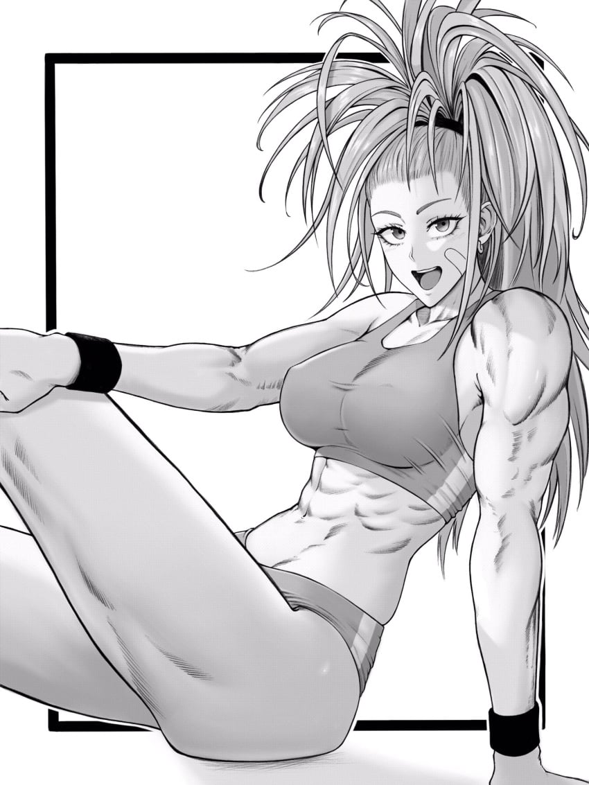 1girls abs absurd_res athletic athletic_female bare_shoulders biceps breasts captain_mizuki crop_top earrings erect_nipples erect_nipples_under_clothes eyelashes female_focus female_only greyscale hi_res hihizaru_badass large_breasts light-skinned_female long_hair looking_at_viewer midriff monochrome muscular muscular_arms muscular_female muscular_legs one-punch_man open_mouth partially_clothed pinup ponytail posing short_shorts shorts simple_background sitting smile solo solo_female sports_bra sportswear thick_thighs wrist_cuffs