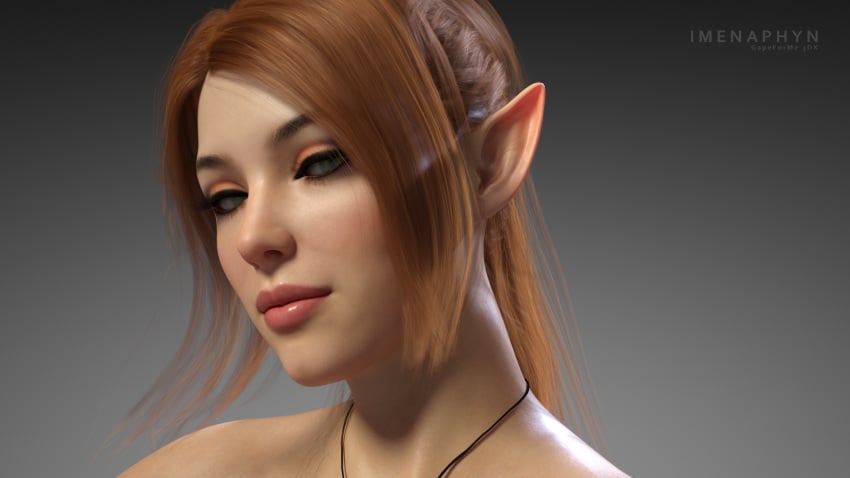 1girls 2019 3d close-up elf elf_ears female female_only gapeforme gradient_background imenaphyn_(gapeforme) looking_at_viewer necklace nude nude_female orange_hair original_character red_hair solo solo_female