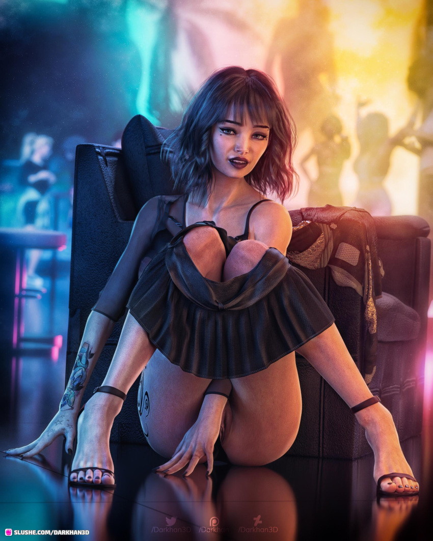 2022 3d arm_tattoo black_skirt bottomless darkhan3d feet female female_focus female_only high_heels hip_tattoo kali_(darkhan3d) looking_at_viewer original_character seated sitting skirt skirt_down solo_focus star_tattoo tattoo toes