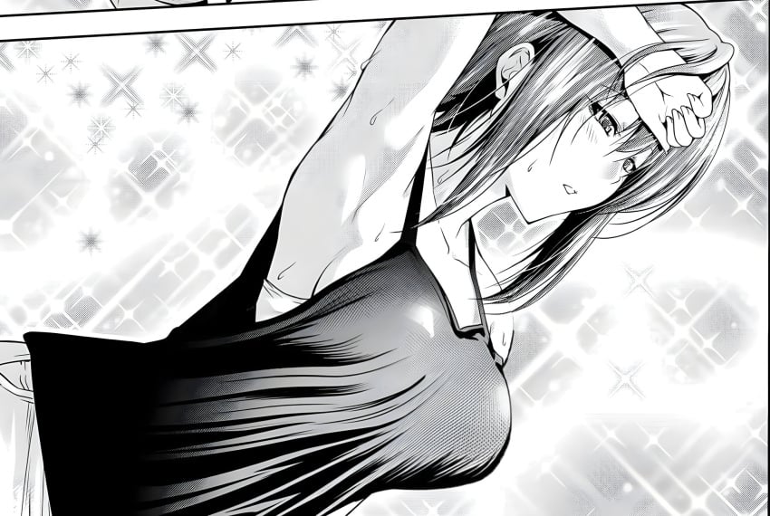 1girls armpits grand_blue huge_breasts kotegawa_chisa large_breasts monochrome screenshot_edit solo solo_focus sweat tank_top third-party_edit