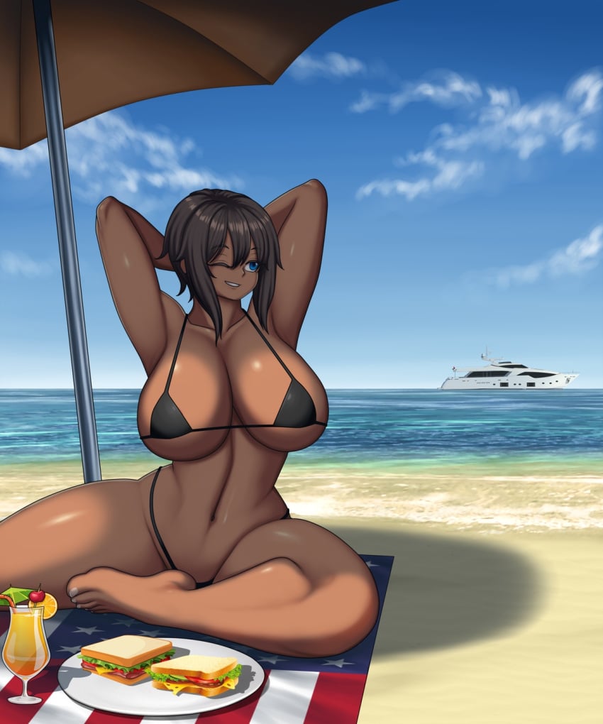 1girls armpits beach bikini blue_eyes breasts brown_hair cocktail dark-skinned_female dark_skin drink huge_breasts legs mk001black ocean parasol reese_(mk001black) sandwich sea seaside solo swim_suit swimsuit thighs toes tropical_drink