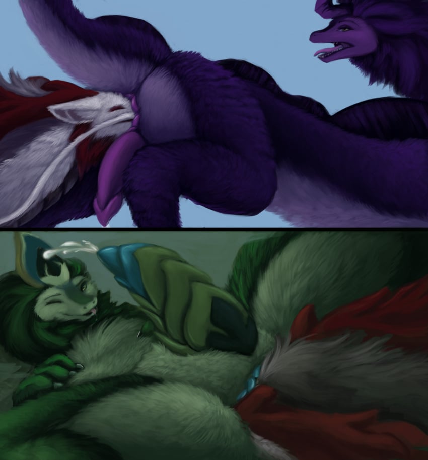 anus aquatic_dragon asian_mythology bodily_fluids disney dragon east_asian_mythology eastern_dragon ejaculation erection feral fur genital_fluids genitals green_body green_eyes green_fur hi_res horn jagan_(ratld) male marine mythology pengu_(ratld) penis purple_body purple_eyes purple_fur raised_tail raya_and_the_last_dragon simple_background tenlina tongue tongue_out