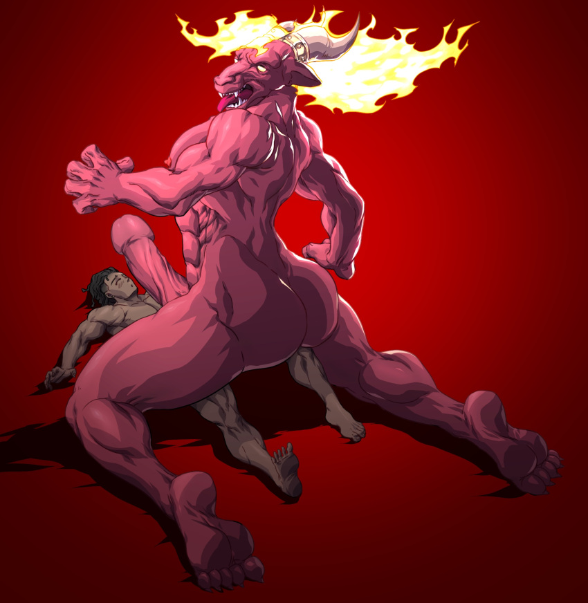 anal anal_sex anthro ass big_butt big_penis bovid canid canid_demon caprine caprine_demon demon demon_humanoid duo erection fan_character feet fire flaming_hair genitals goat_demon hellhound hi_res horn human humanoid hybrid male male/male mammal muscular muscular_anthro muscular_male penetration penis potemkinbuster pseudo_hair quest(zylo24) satan(hazbin sex size_difference souls toes tongue tongue_out