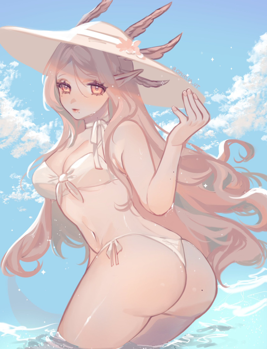 1girls axolotl_girl beauty_marks blush clouds ecchi female female_only indie_virtual_youtuber light-skinned_female light_skin looking_at_viewer nymphelia_(artist) ophelia_(nymphelia) outside pink_hair pointy_ears sky solo sun_hat swimsuit virtual_youtuber water white_swimsuit