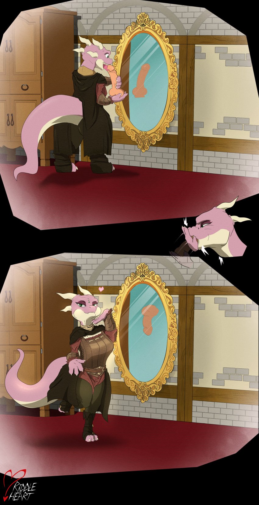 absurd_res anthro armoire clothing costume deep_throat deepthroat dildo dildo_fellatio dildo_lick female floating_dildo heart hi_res huge_filesize kobold licking looking_at_viewer mirror one_leg_up raised_leg reflection riddleheart sex_toy smile smirk solo swallowing tongue tongue_out