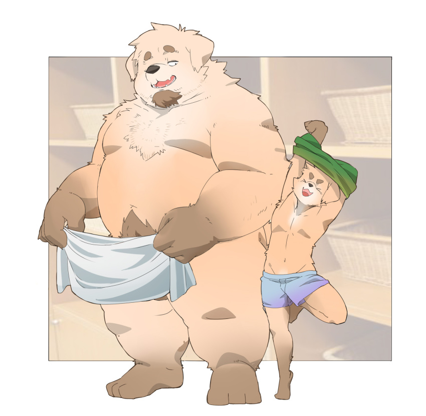 2022 2boys anthro balls barely_visible_balls barely_visible_genitalia belly big_belly canid canine canis closed_eyes clothing domestic_dog duo genitals hi_res humanoid_hands inunoshippo kemono male male_only mammal moobs overweight overweight_male size_difference underwear undressing