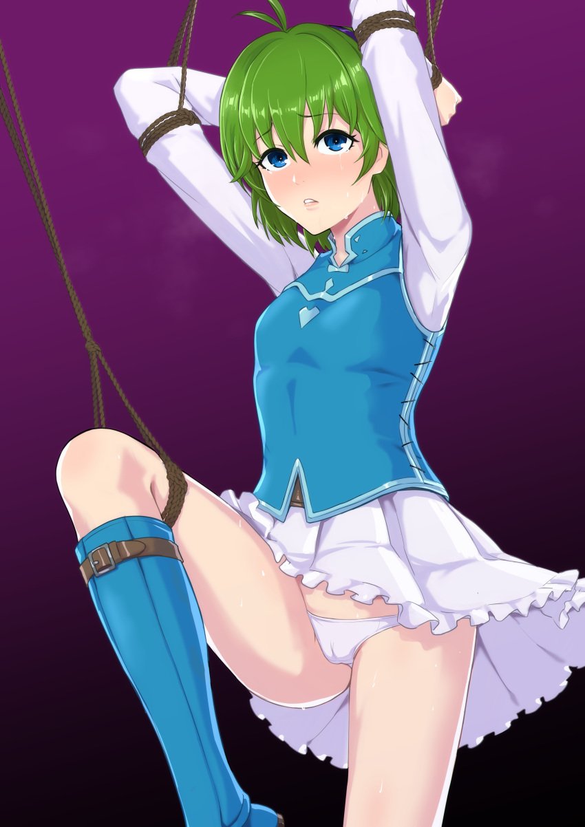 1girls absurdres arms_up bare_legs bare_thighs bdsm belt black_background blue_eyes blue_thighhighs blush bondage boots bound breasts cameltoe clothes_lift commission crying crying_with_eyes_open female female_only femsub fire_emblem fire_emblem:_the_blazing_blade gradient gradient_background green_hair hairband highres honma0220 leg_up legs long_sleeves md5_mismatch miniskirt nino_(fire_emblem) nintendo panties pantyshot partially_visible_vulva pixiv_commission purple_background purple_hairband restrained shirt short_hair skirt skirt_lift small_breasts solo sweat tears thighhighs thighs tied_up_(nonsexual) underwear upskirt vest white_panties white_shirt white_skirt