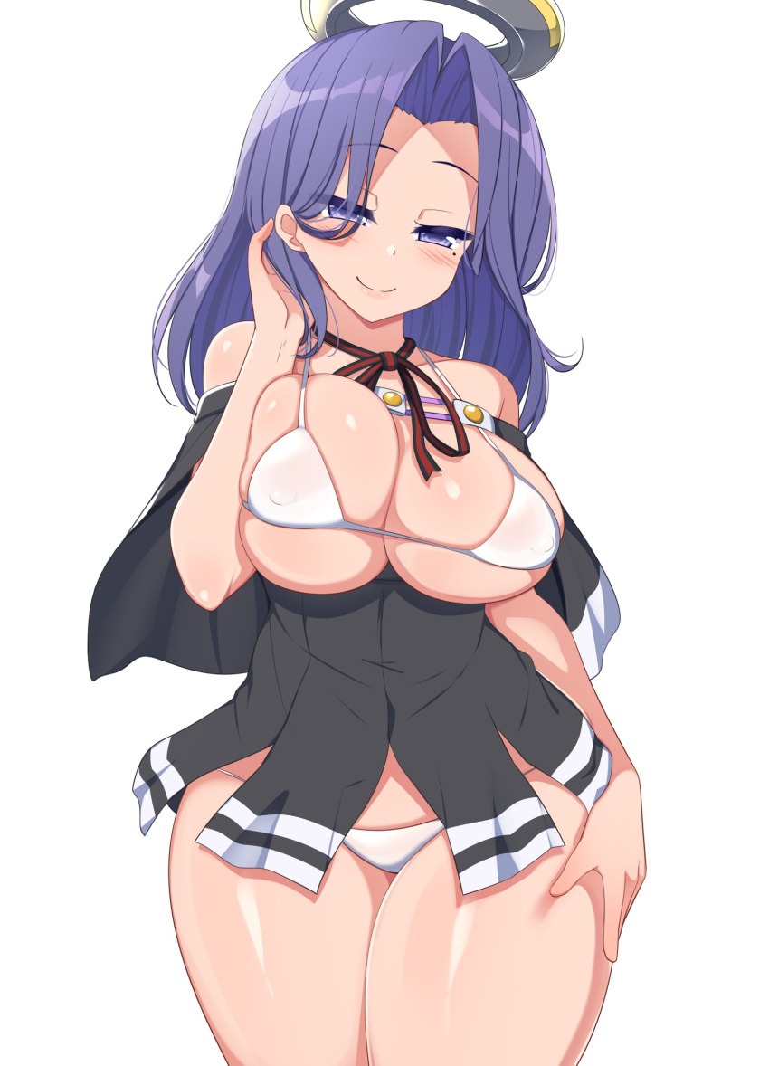 adapted_costume bare_shoulders bikini breasts covered_nipples female hair_intakes highres kantai_collection kurokoshou_(emuburemu123) large_breasts long_hair looking_at_viewer mechanical_halo micro_bikini mole mole_under_eye purple_eyes purple_hair ribbon smile solo swimsuit tatsuta_(kantai_collection) thick_thighs thighs white_bikini