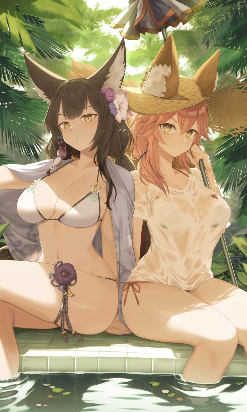 2girls animal_ear_fluff animal_ears beach_umbrella bikini blue_archive brown_hair crossover fate/extra fate/grand_order fate_(series) female fluffy_ears fluffy_tail fox_ears fox_girl fox_tail fumafu hat hi_res hips holding_object holding_umbrella kitsune kosaka_wakamo kosaka_wakamo_(swimsuit) large_hat light-skinned_female light_skin long_hair outdoors pink_hair pool poolside see-through see-through_clothing slim_waist smile sun_hat tail tamamo_no_mae_(fate) thick_thighs thighs umbrella wakamo_(blue_archive) wakamo_(swimsuit)_(blue_archive) wet_t-shirt wide_hips yellow_eyes