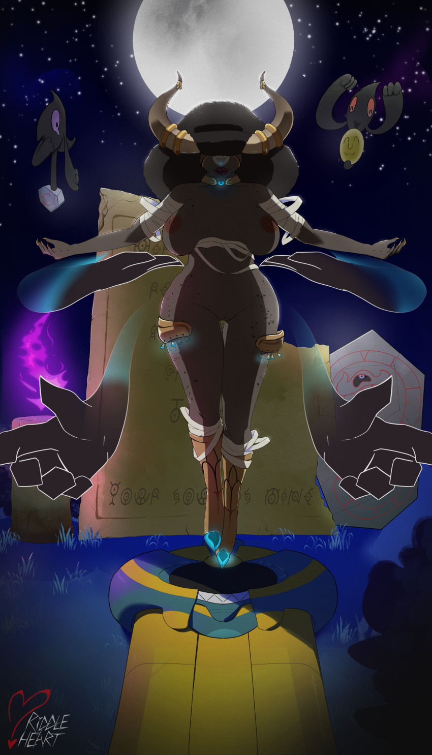 absurd_res afro anthro bandage big_breasts bouffalant breasts character_cipher cofagrigus disembodied_hand female fictional_language fire galarian_form galarian_yamask gem genitals ghost_hands gold_(metal) gold_jewelry group hi_res jewelry levitation light lying_on_ground moon moonlight multi_arm multi_limb nintendo plant pokémon_(species) pokemon pussy regional_form_(pokemon) riddleheart runerigus shrub spread_arms text unown unown_text video_games yamask