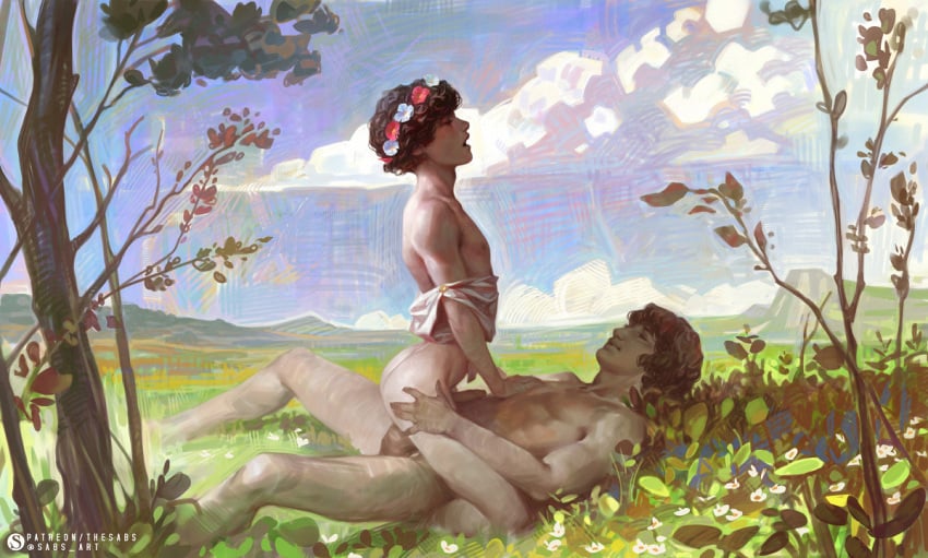 2boys ancient_greece ancient_rome balkan balkan_clothing femboy flower_crown gay hair_flower headband male male/male male_only original outdoor_sex outdoors sabudenego taavi tagme traditional_clothes twink yaoi