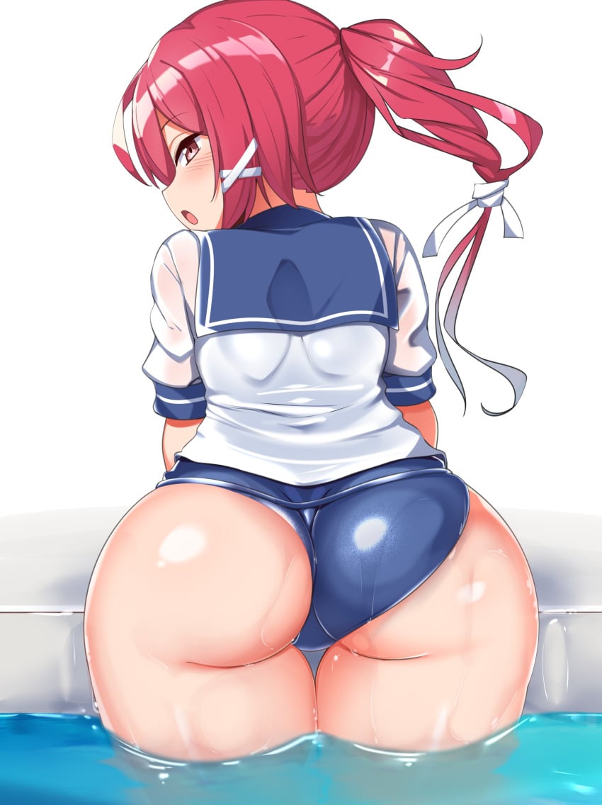 absurdres ass blush female hair_ribbon highres i-168_(kantai_collection) kantai_collection kurokoshou_(emuburemu123) long_hair looking_back one-piece_swimsuit open_mouth partially_submerged ponytail red_eyes red_hair ribbon school_swimsuit school_uniform see-through serafuku solo swimsuit wedgie wet wet_clothes