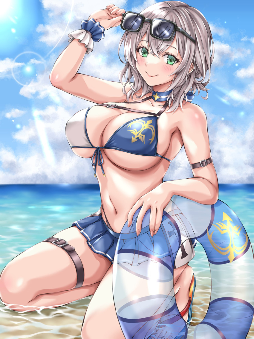 1girls beach big_breasts eyewear_on_head female happy happy_female hololive hololive_fantasy hololive_japan huge_breasts looking_at_viewer microskirt oblivious pleated_skirt shirogane_noel skirt sunglasses sunglasses_on_head swim_skirt swimsuit tagme virtual_youtuber vtuber wholesome wholesome_end