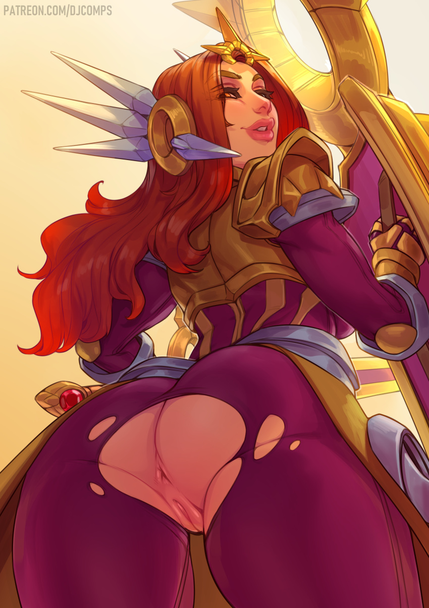 1boy 1girls angry armor armored_gloves armour ass_focus asshole back_view bodysuit bubble_butt clothed clothed_female damaged_clothes female female_focus fizzz from_behind grabbing_from_behind labia league_of_legends leona_(league_of_legends) long_hair looking_at_viewer looking_back looking_down looking_down_at_viewer low-angle_view male_hand male_hands male_pov no_panties pov purple_bodysuit pussy red_hair riot_games ripped_clothing ripped_pantyhose shaved_crotch shaved_pussy spread_ass spreading_anus spreading_ass spreading_cheeks thick_lips