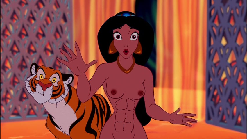 aladdin alluring breasts disney disney_princess edit female female_abs fit_female middle_eastern middle_eastern_female nipples nude open_mouth princess_jasmine rajah screenshot_edit tiger voluptuous