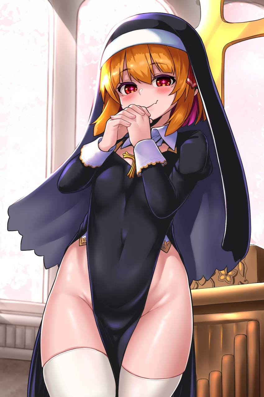 bangs bare_hips black_leotard blonde_hair blush breasts chiroshiron church closed_mouth covered_navel cowboy_shot cross female groin habit highleg highleg_leotard highres indoors leotard long_sleeves looking_at_viewer medium_hair nun oerba_yun_fang own_hands_together pelvic_curtain red_eyes rumia shiron_(e1na1e2lu2ne3ru3) smile solo standing thighhighs touhou white_thighhighs window