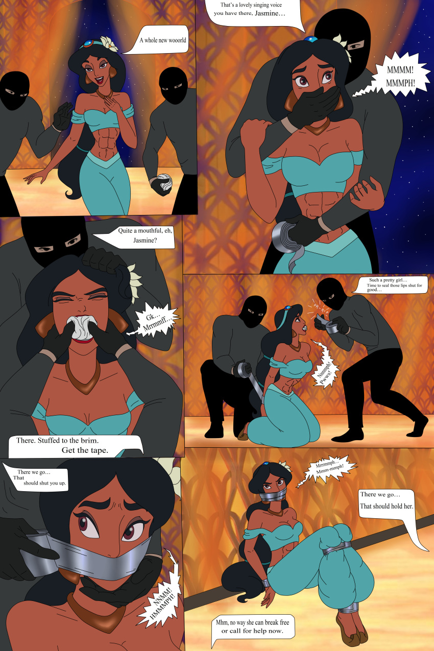 abducting aladdin athletic_female blue_clothing clothed clothes comic dark-skinned_female dark_skin disney disney_princess duct_tape error50 female female_abs fit_female jinjj5 middle_eastern middle_eastern_female mouth_packing_gag multiple_boys persian_female princess_jasmine rape serisabibi tape_gag unseen_male_face vinayjj