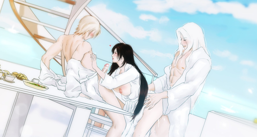 1girls 2boys breasts_out doggy_style female final_fantasy final_fantasy_vii final_fantasy_vii_remake from_behind_position long_hair male male/female on_table penis rufus_shinra sandwiched sephiroth sex standing_sex tagme taken_from_behind threesome tifa_lockhart voaleine